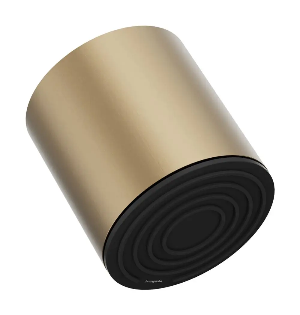 Runde Kopfbrause in bronzefarbenem Finish mit schwarzem Unterteil, designed von Hansgrohe. Das Produkt hat eine glatte, metallische Oberfläche.